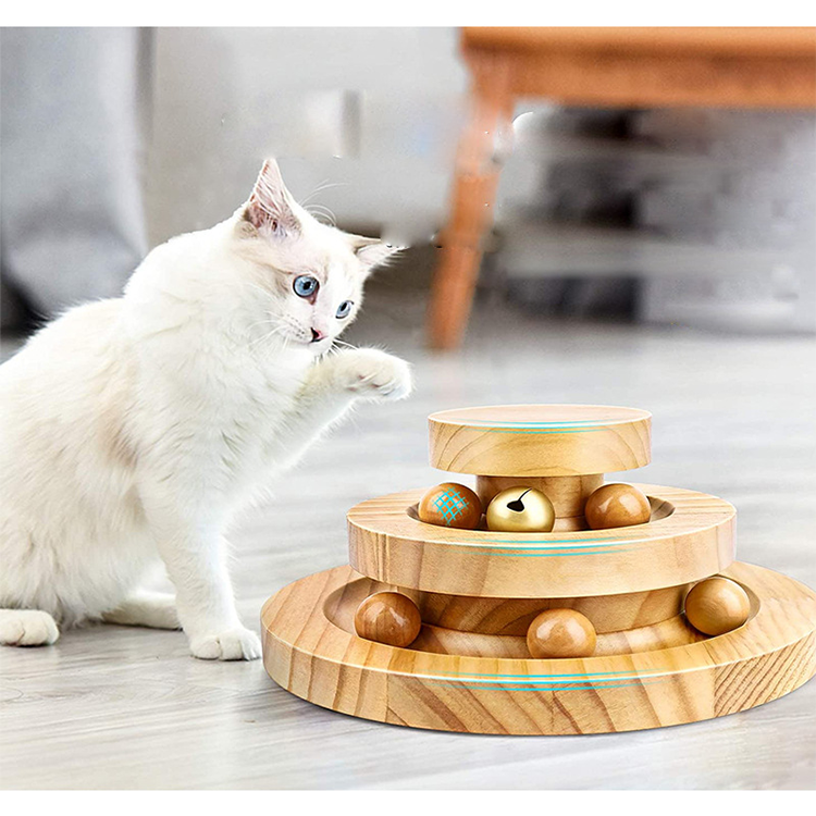 Unique Design Cat Three Levels Tracks And Ball Wooden Pet Interactive Roller Table Cat Tunnel Tower Toys Cat Catch Ball